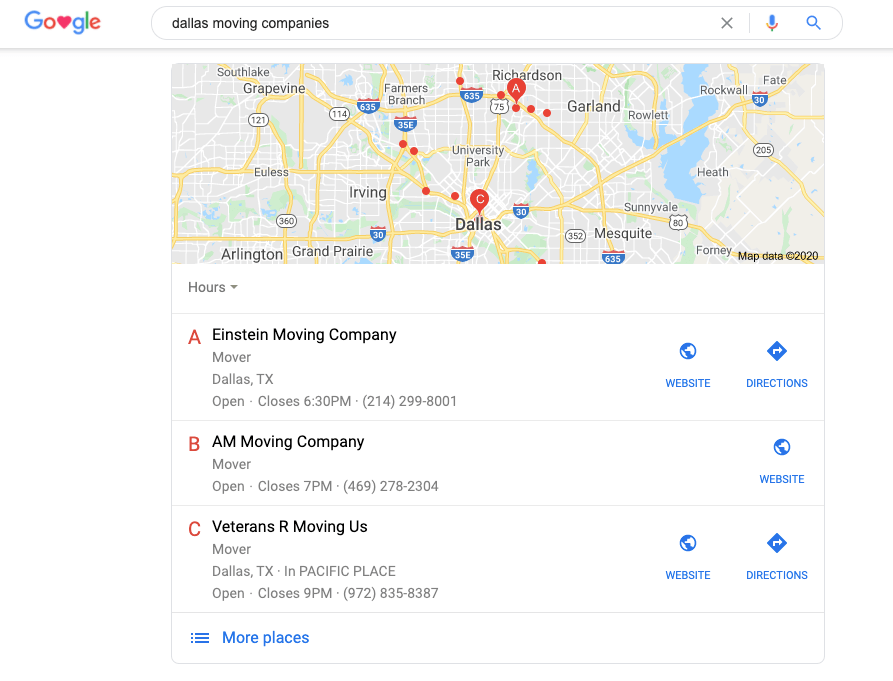 Example of Google rankings for local SEO
