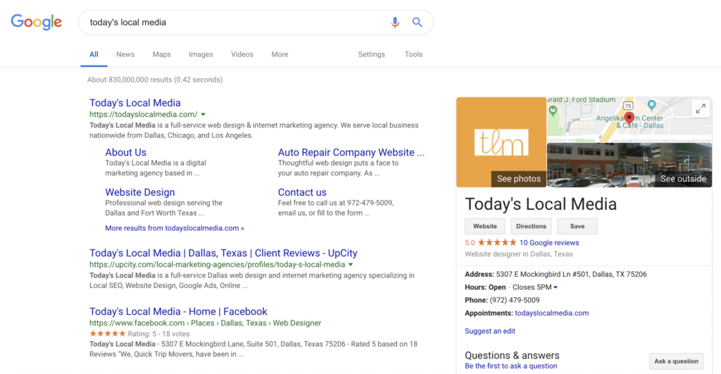 Local SEO Search Results for a Business
