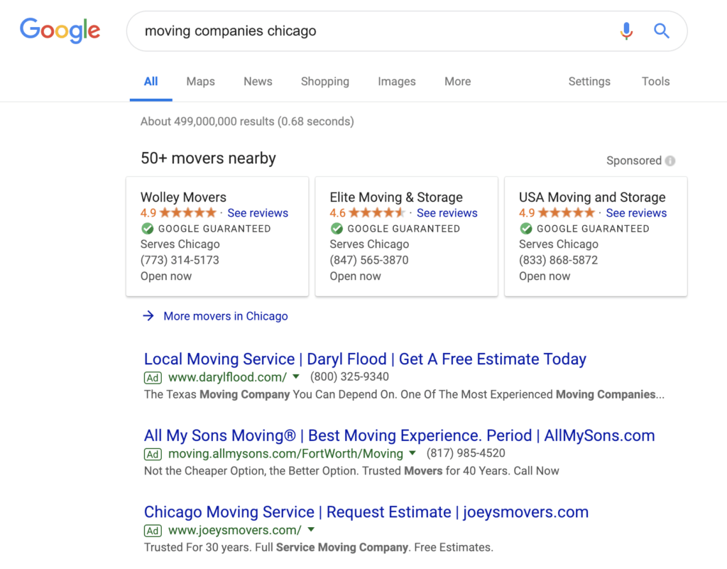 Image of Google ads result for moving company