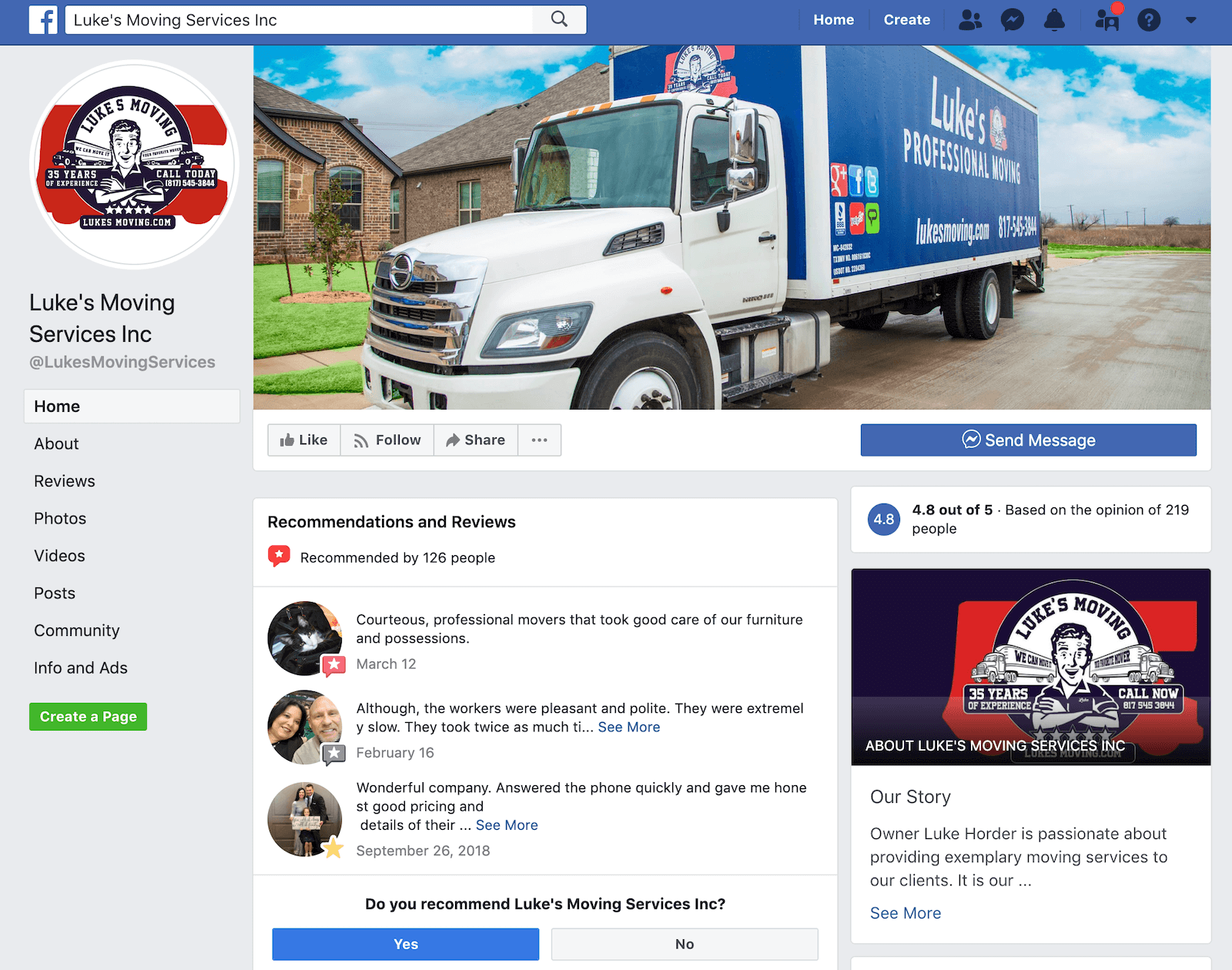 Example of a Facebook Page for a Moving Company