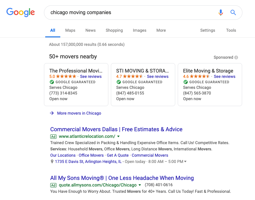 Screenshot of Google Ads for local Chicago Movers