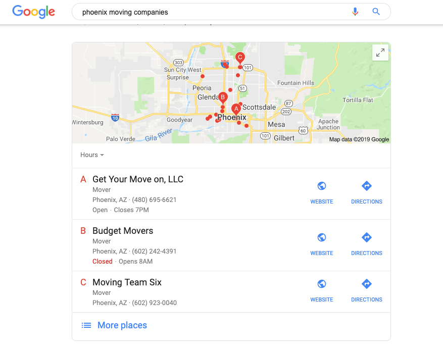 Local SEO results for a moving company