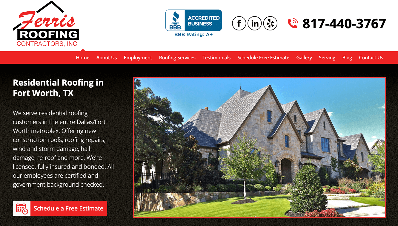 photo of roofing company website