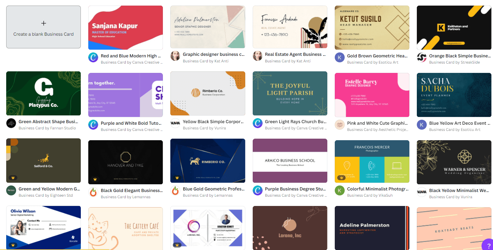 business card templates on canva